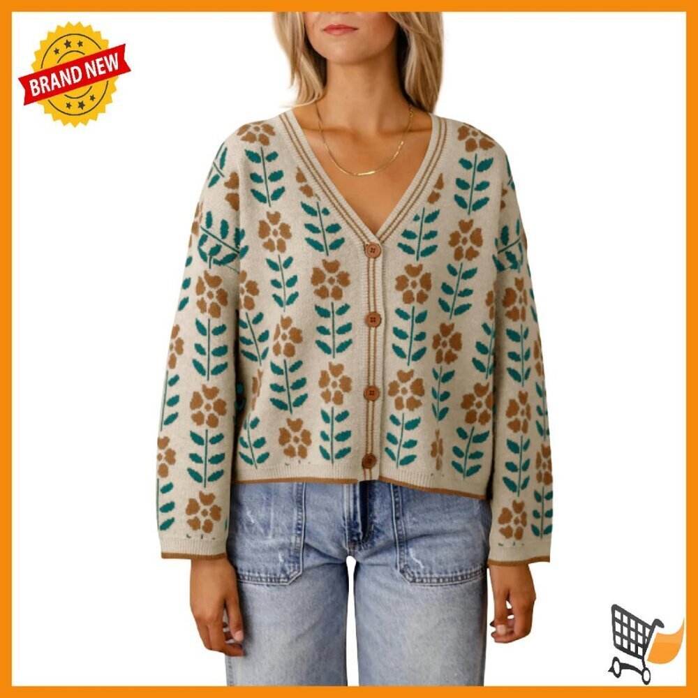 Floral Print V-Neck Cardigan, Loose Fit Knit Sweater, Long Sleeve Button Down